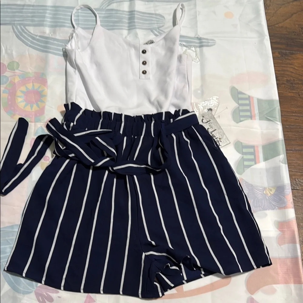 J for Justify White Top with Navy Striped Shorts